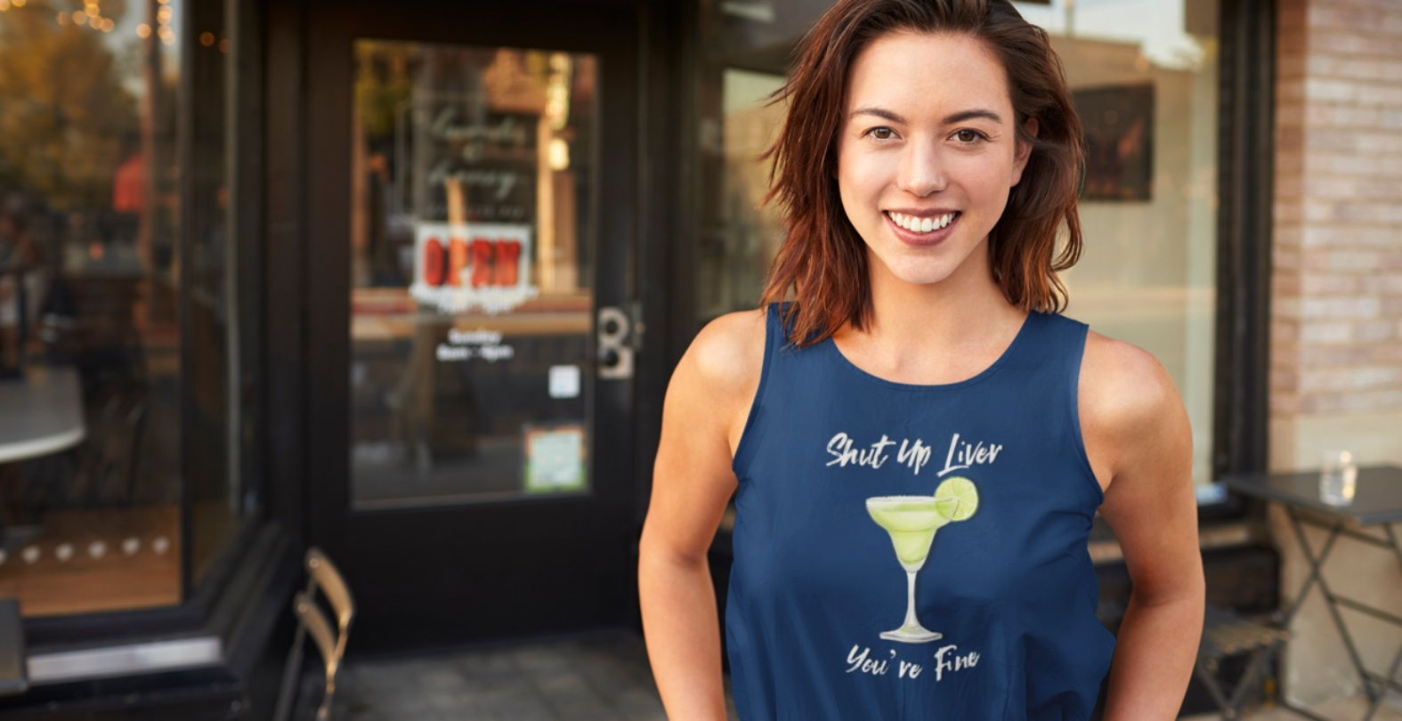 Shut Up Liver You're Fine Women's Tank Top Navy woman standing in front of a bar