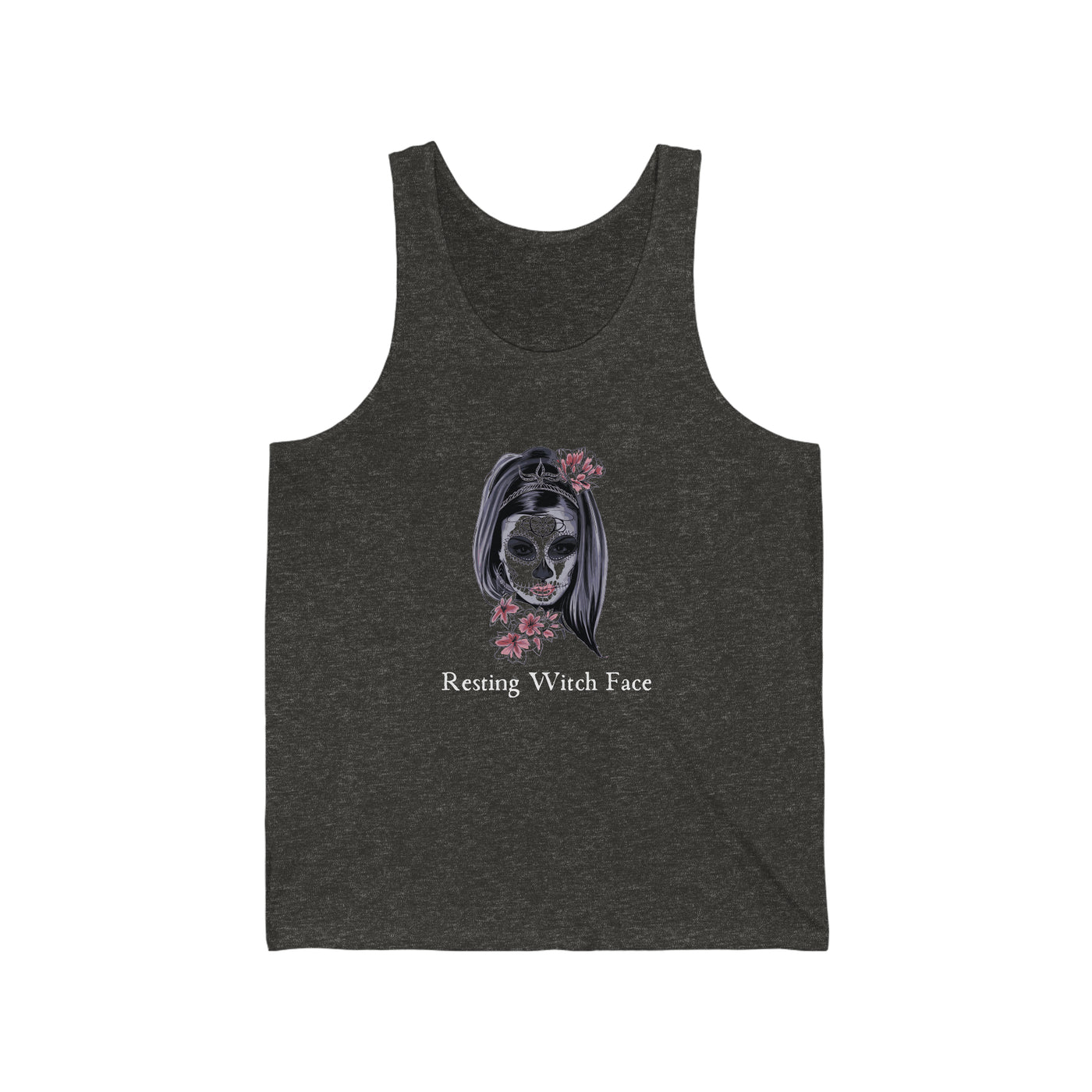 funny mens tank top printed with resting witch face in charcoal tri blendblack