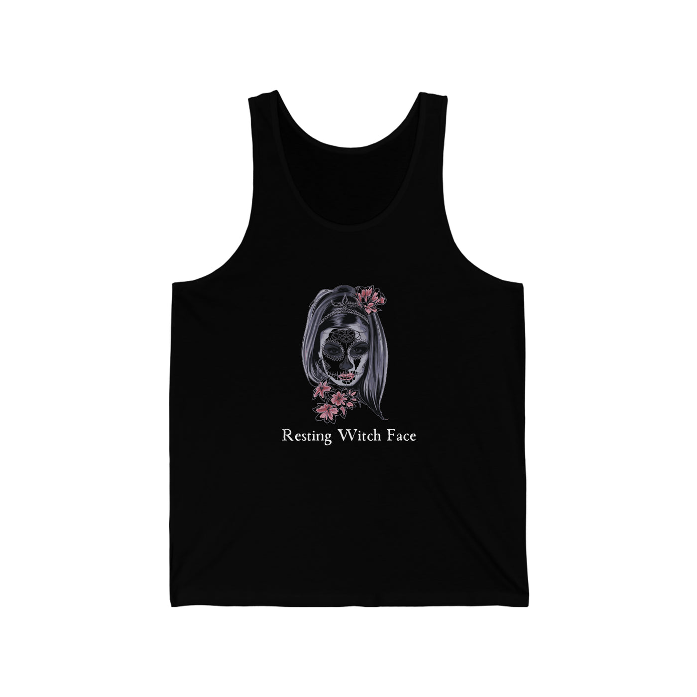 funny mens tank top printed with resting witch face in black